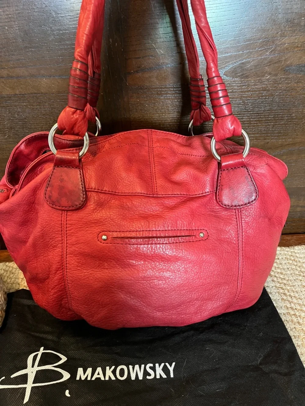 b. makowsky Red Leather Satchel with Silver Accents